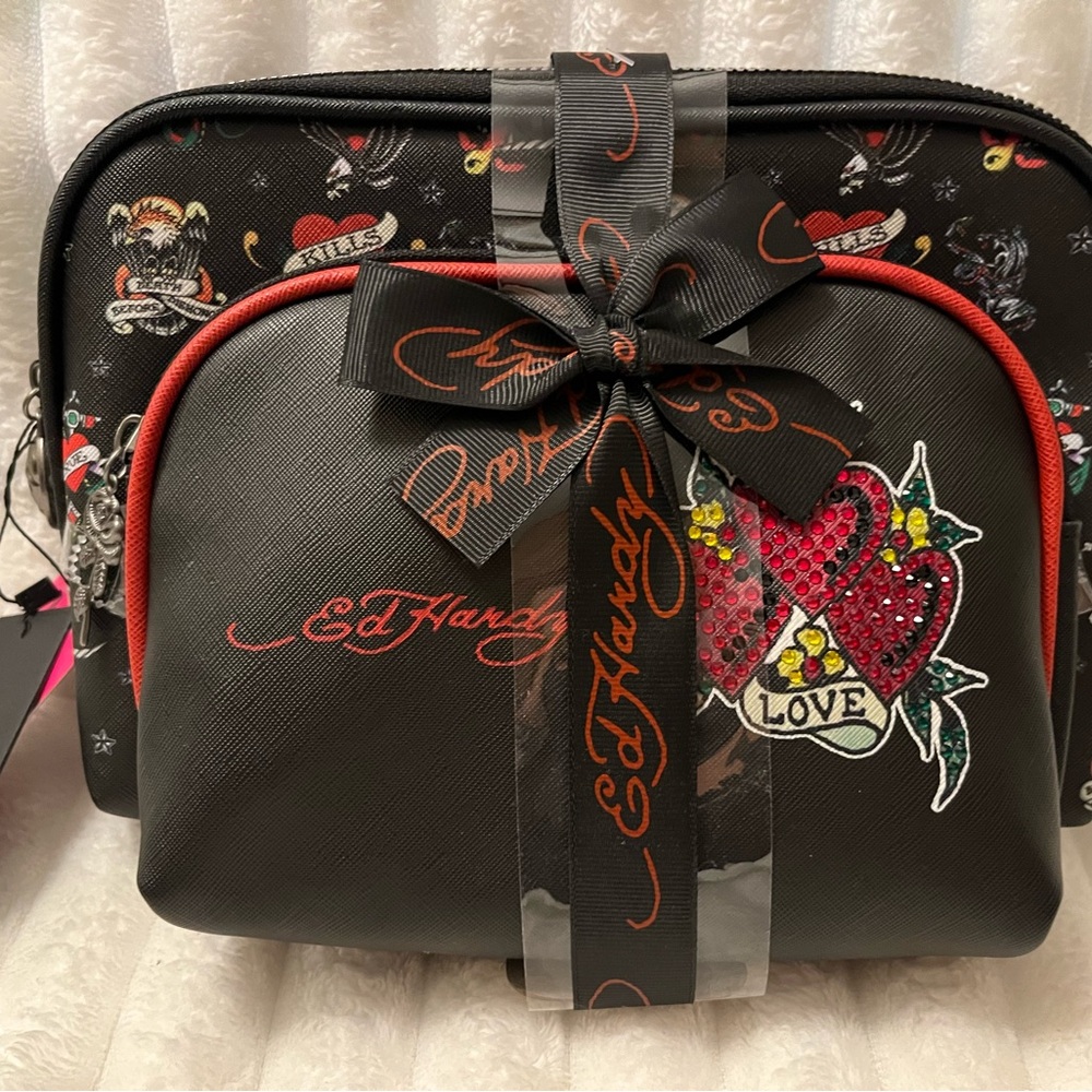 Ed Hardy Black Cosmetic Bag Set with Red Heart Embellishment